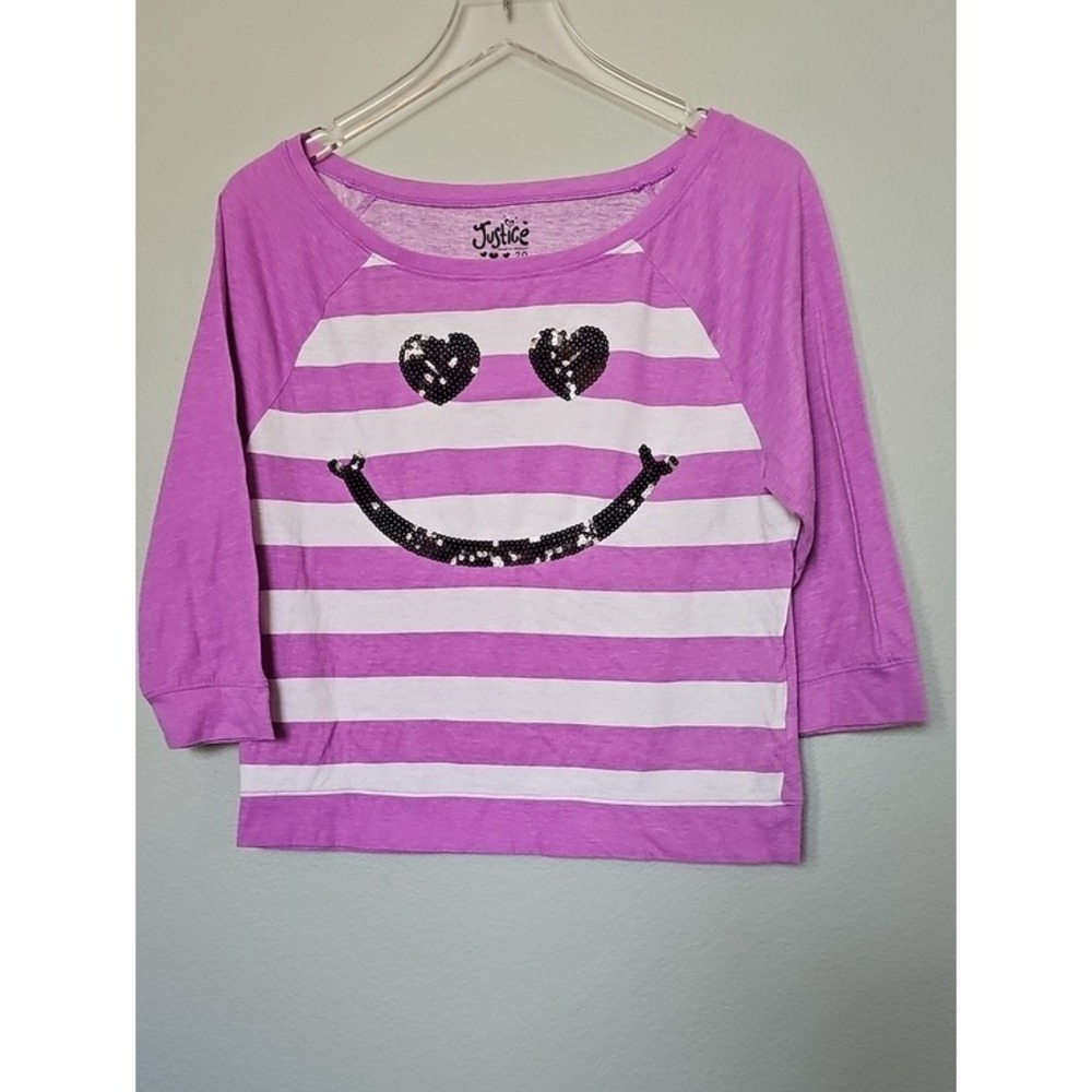 Justice Girls Purple Striped Sequin Heart Eye Smiley Face 3/4 Sleeve Top Size 20